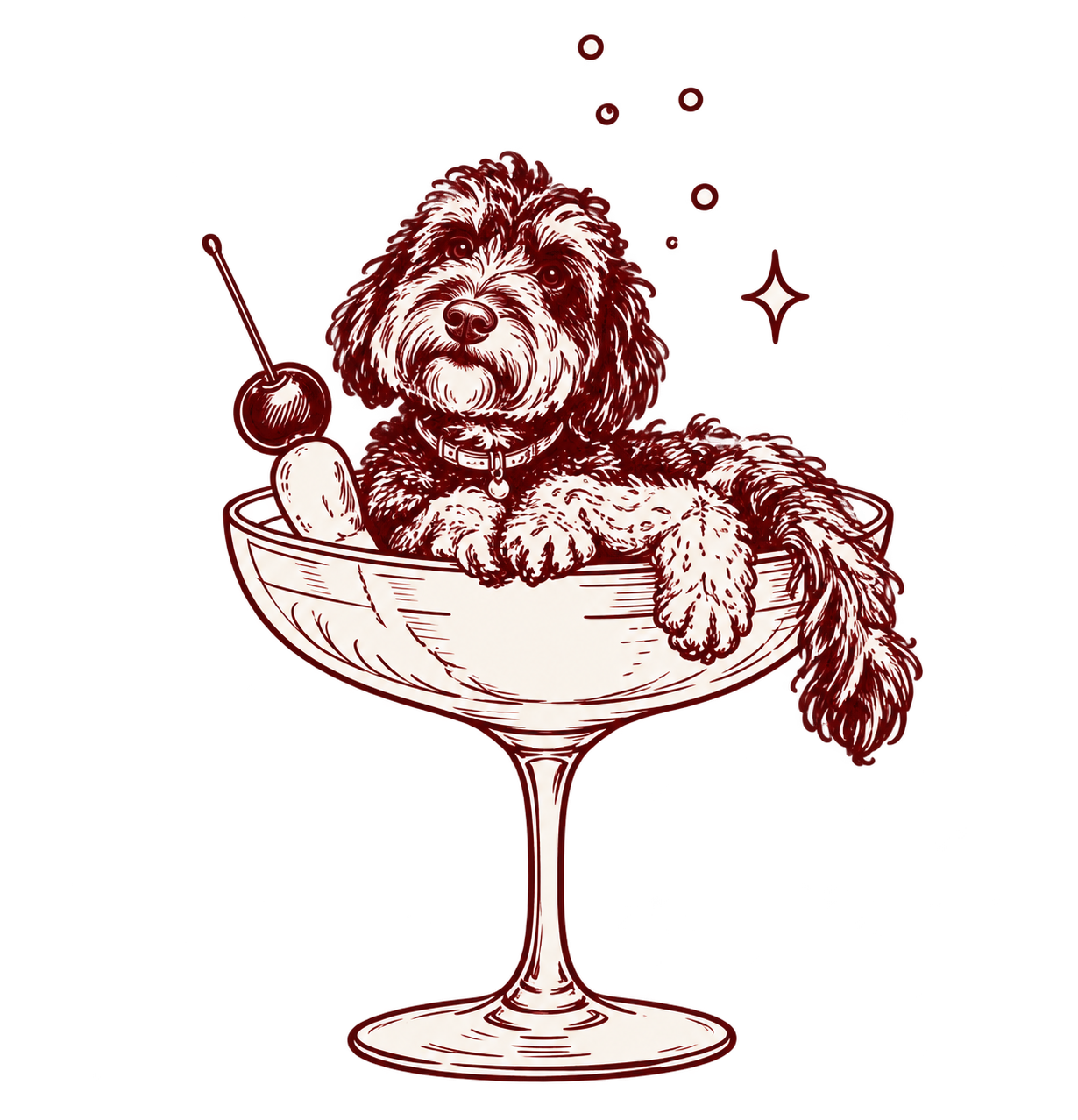 A burgundy ink illustration of Barney lounging in a champagne coupe